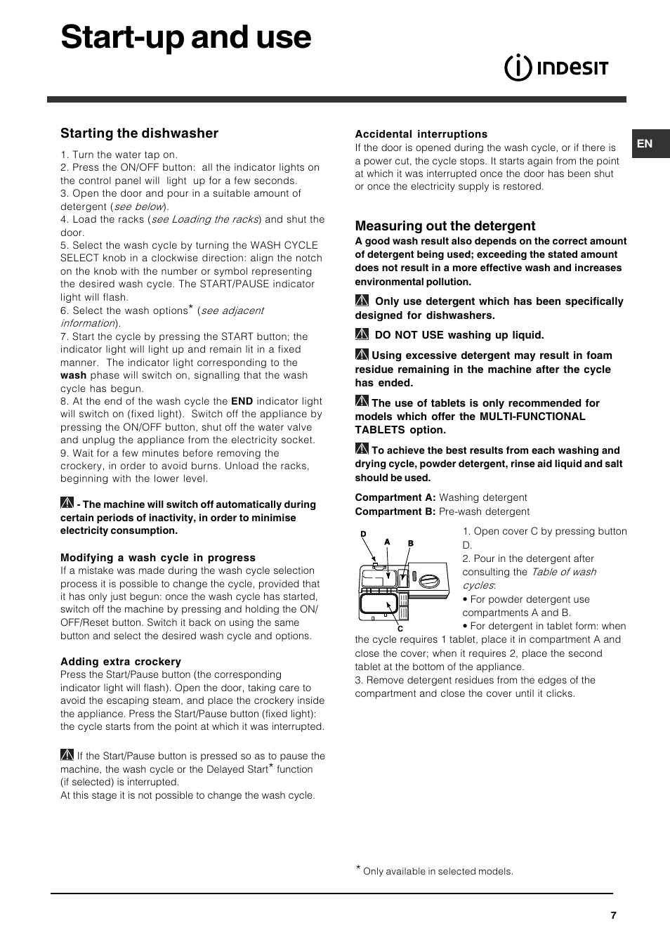 Start-up and use, Measuring out the detergent, Starting the dishwasher | Indesit IDS105UK User Manual | Page 7 / 16
