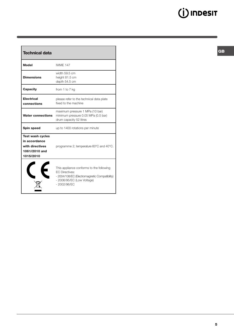 Technical data | Indesit IWME147UKE – models produced after Jan 2012 User Manual | Page 5 / 20