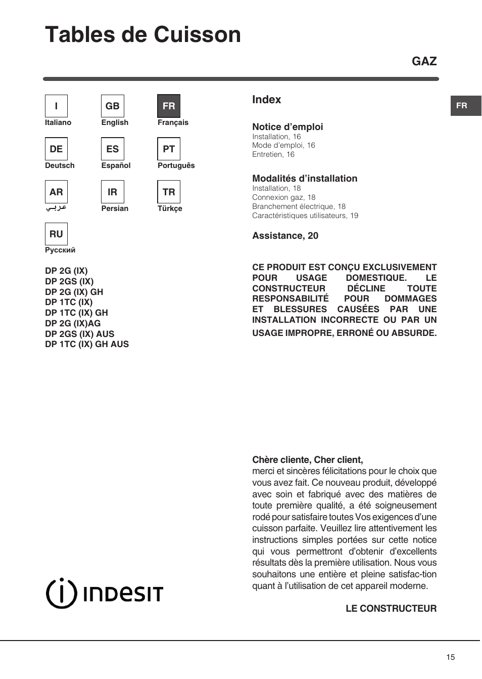 Tables de cuisson, Index | Indesit DP2GSIX User Manual | Page 15 / 68