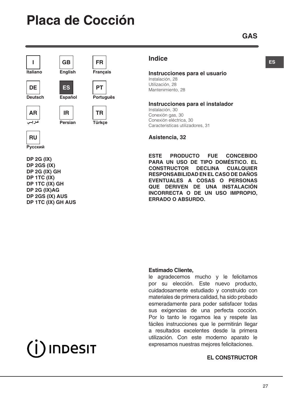 Placa de cocción, Indice | Indesit DP2GSIX User Manual | Page 27 / 68