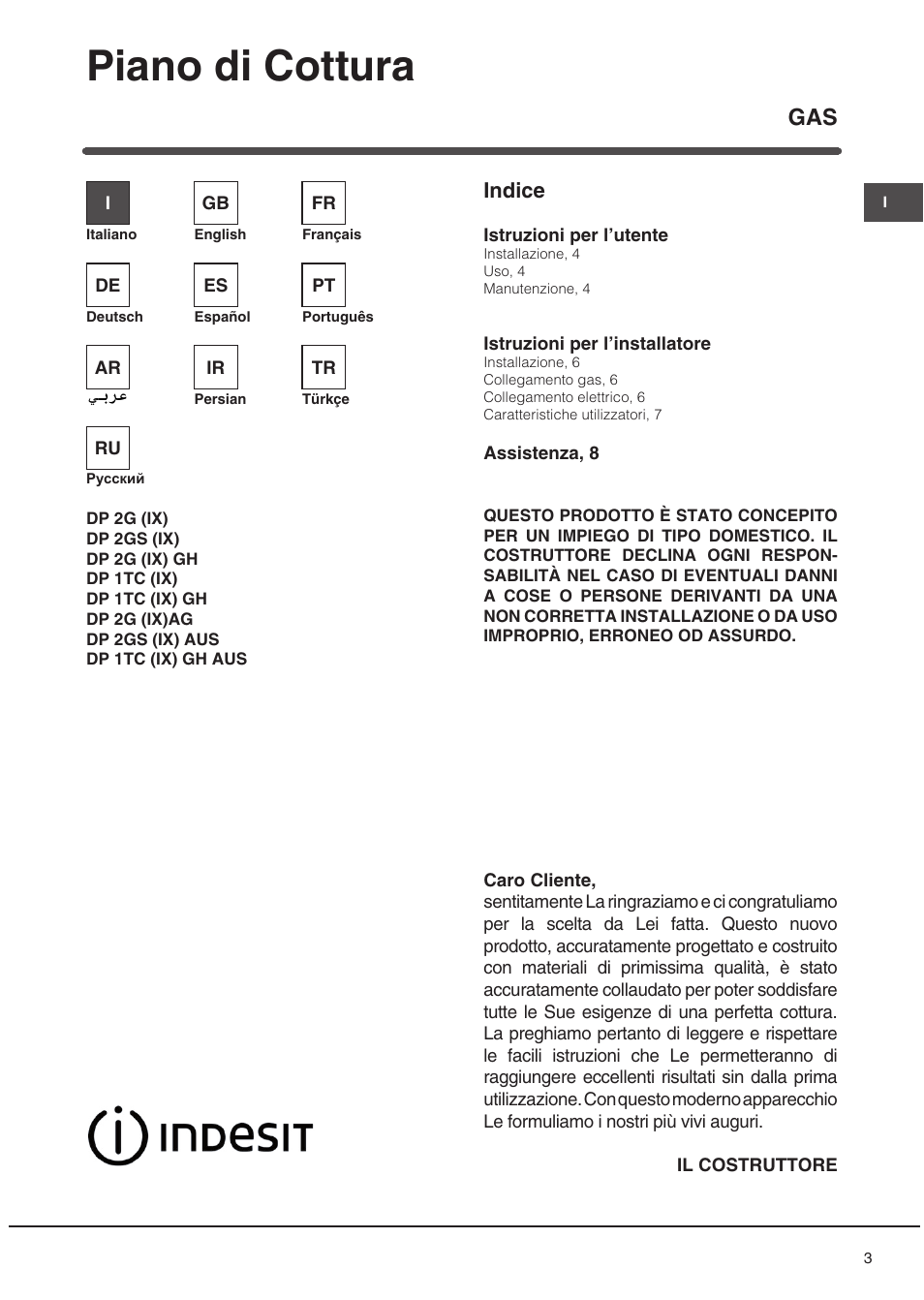 Piano di cottura, Indice | Indesit DP2GSIX User Manual | Page 3 / 68