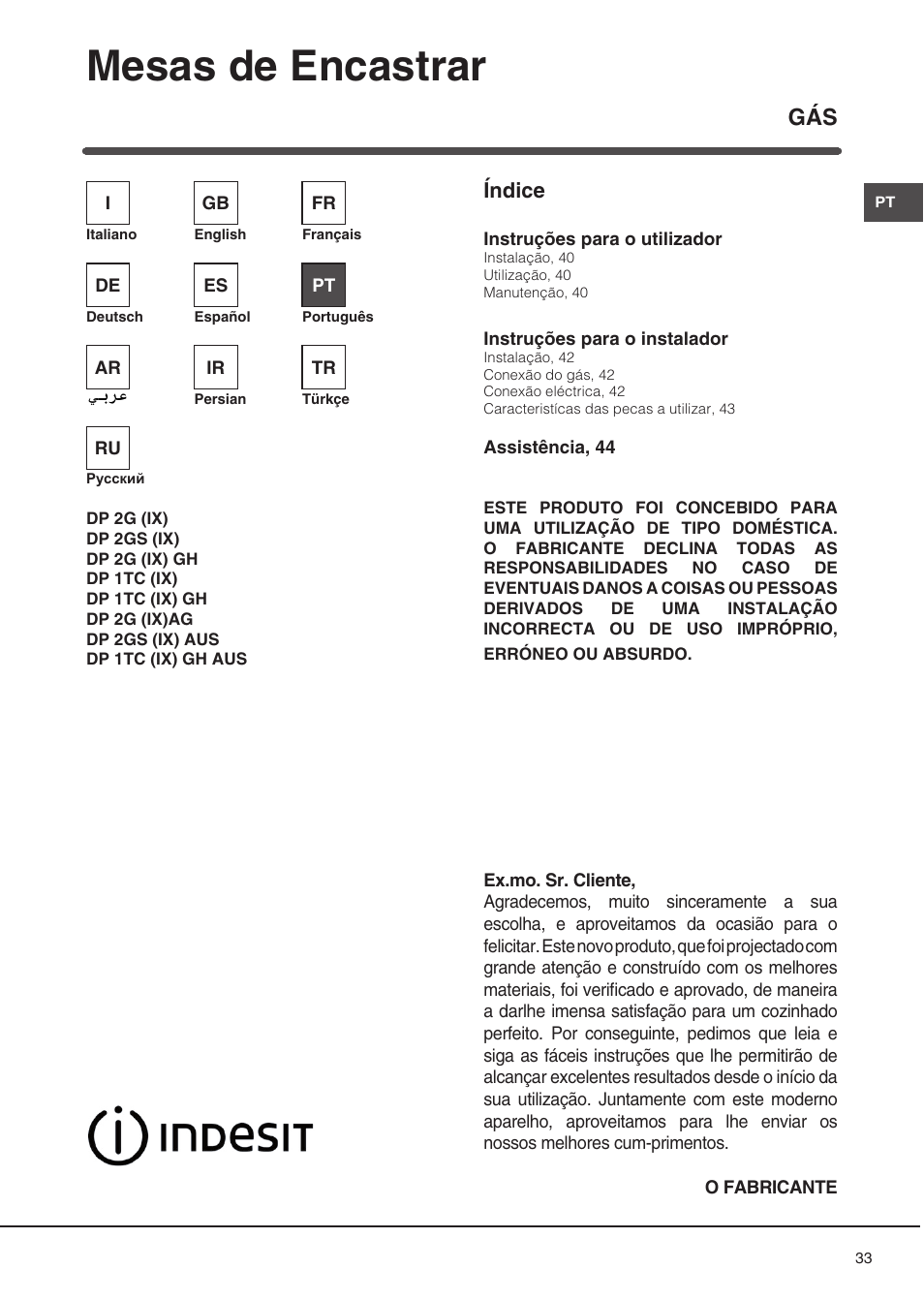 Mesas de encastrar, Índice | Indesit DP2GSIX User Manual | Page 33 / 68