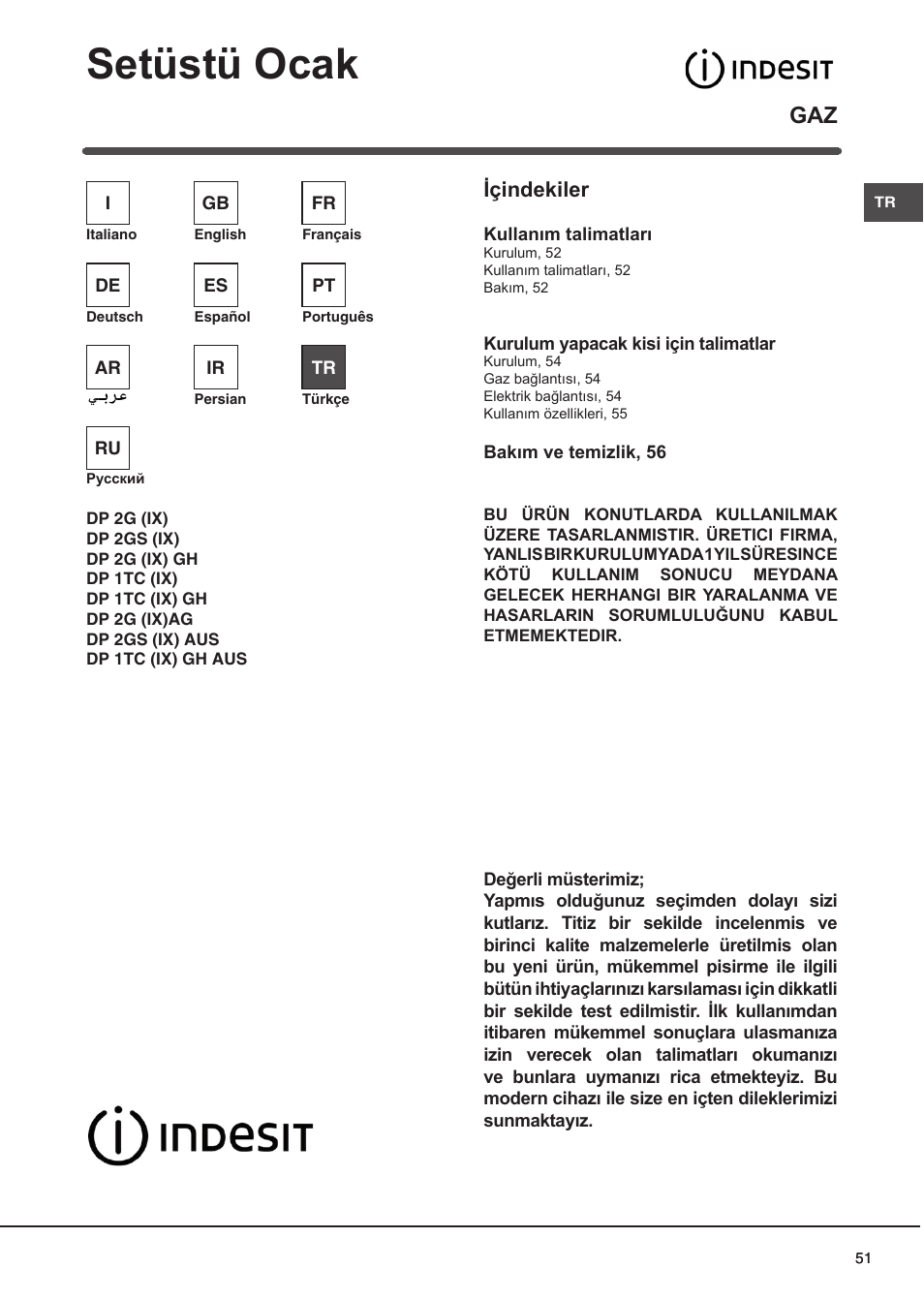 Setüstü ocak, K¹¹¨ ýo~¶ ri~hz¶ pi¬ ái¿±÷z, Içindekiler | Indesit DP2GSIX User Manual | Page 51 / 68