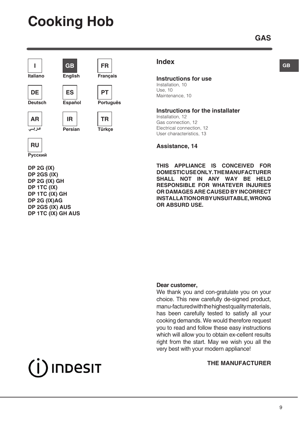 Cooking hob, Index | Indesit DP2GSIX User Manual | Page 9 / 68