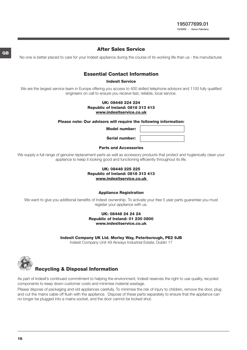 After sales service, Essential contact information, Recycling & disposal information | Indesit IWB6123UK User Manual | Page 16 / 16