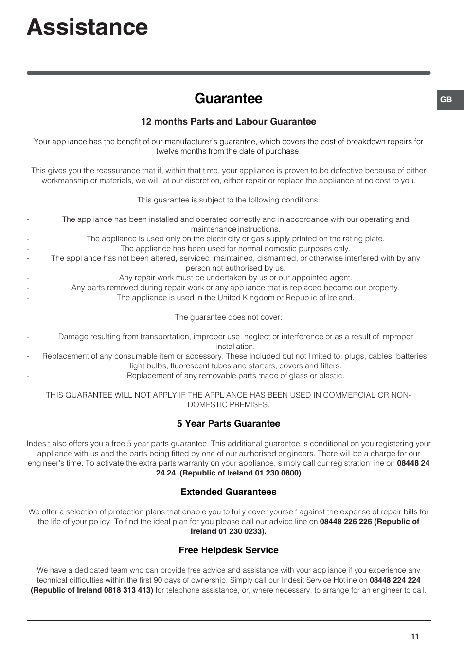 Assistance, Guarantee | Indesit TAN6FNFSUK User Manual | Page 11 / 12