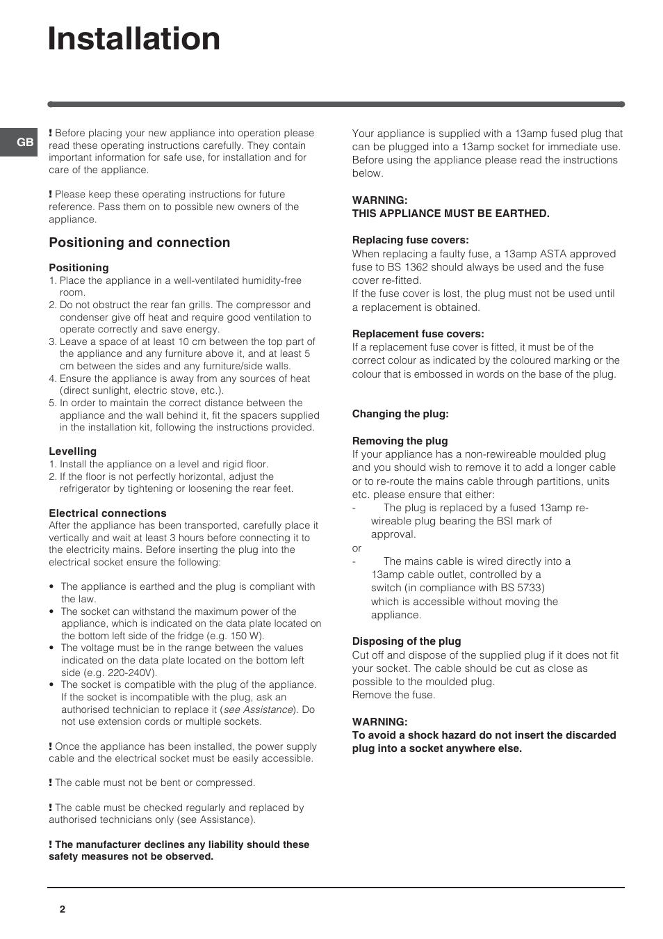 Installation, Positioning and connection | Indesit TAN6FNFSUK User Manual | Page 2 / 12
