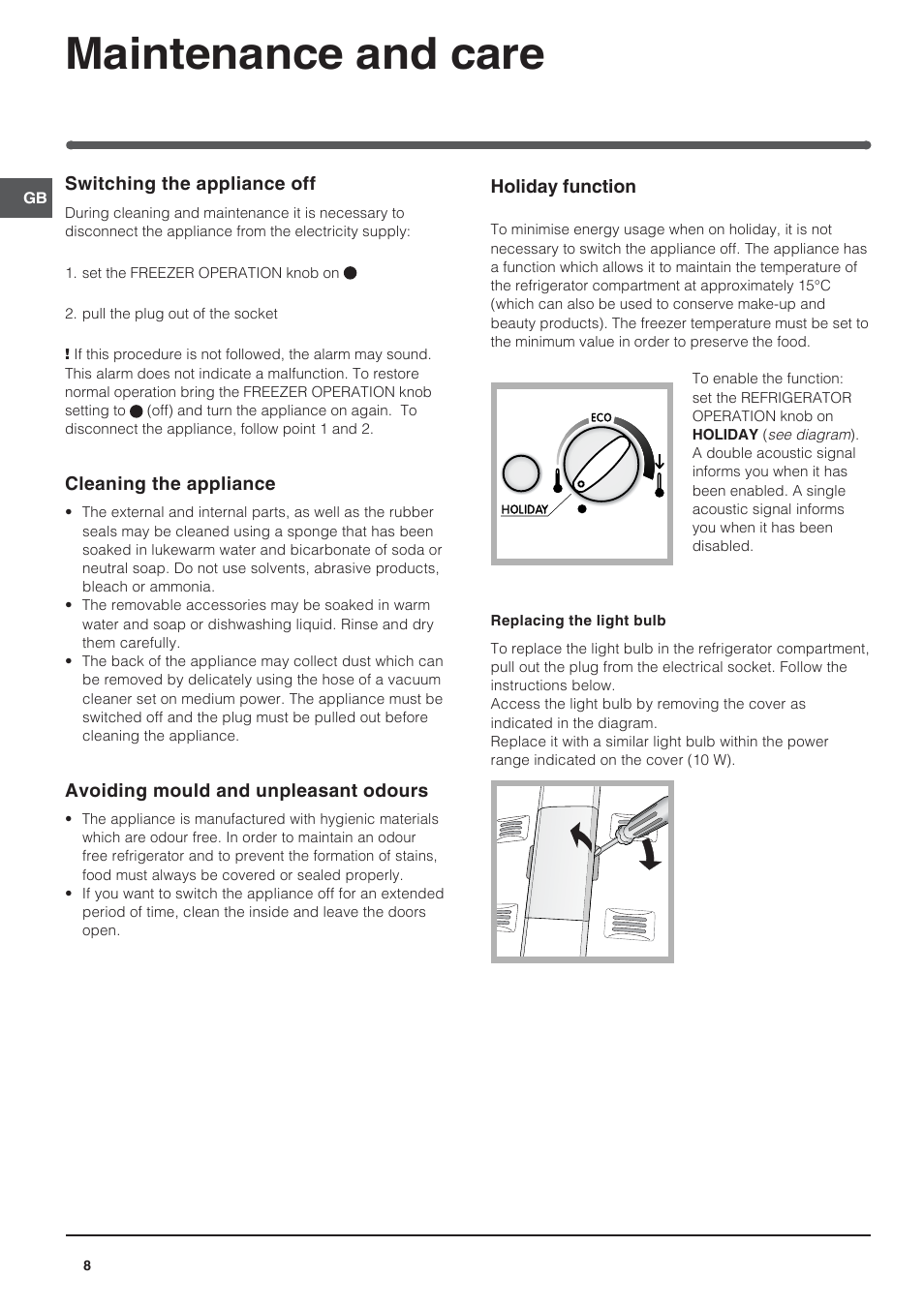 Maintenance and care | Indesit TAN6FNFSUK User Manual | Page 8 / 12