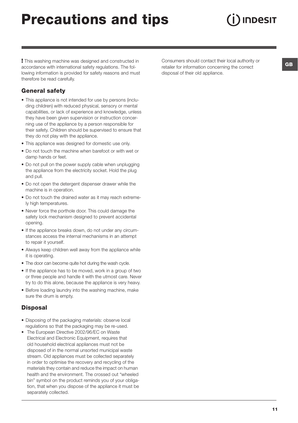 Precautions and tips | Indesit IWD61450 User Manual | Page 11 / 16