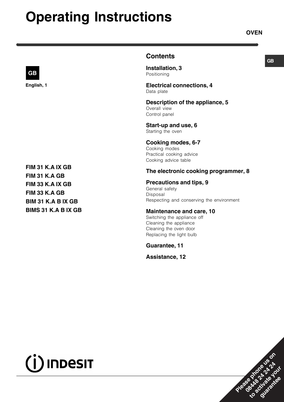 Indesit BIMS31K-ABIXGB User Manual | 12 pages