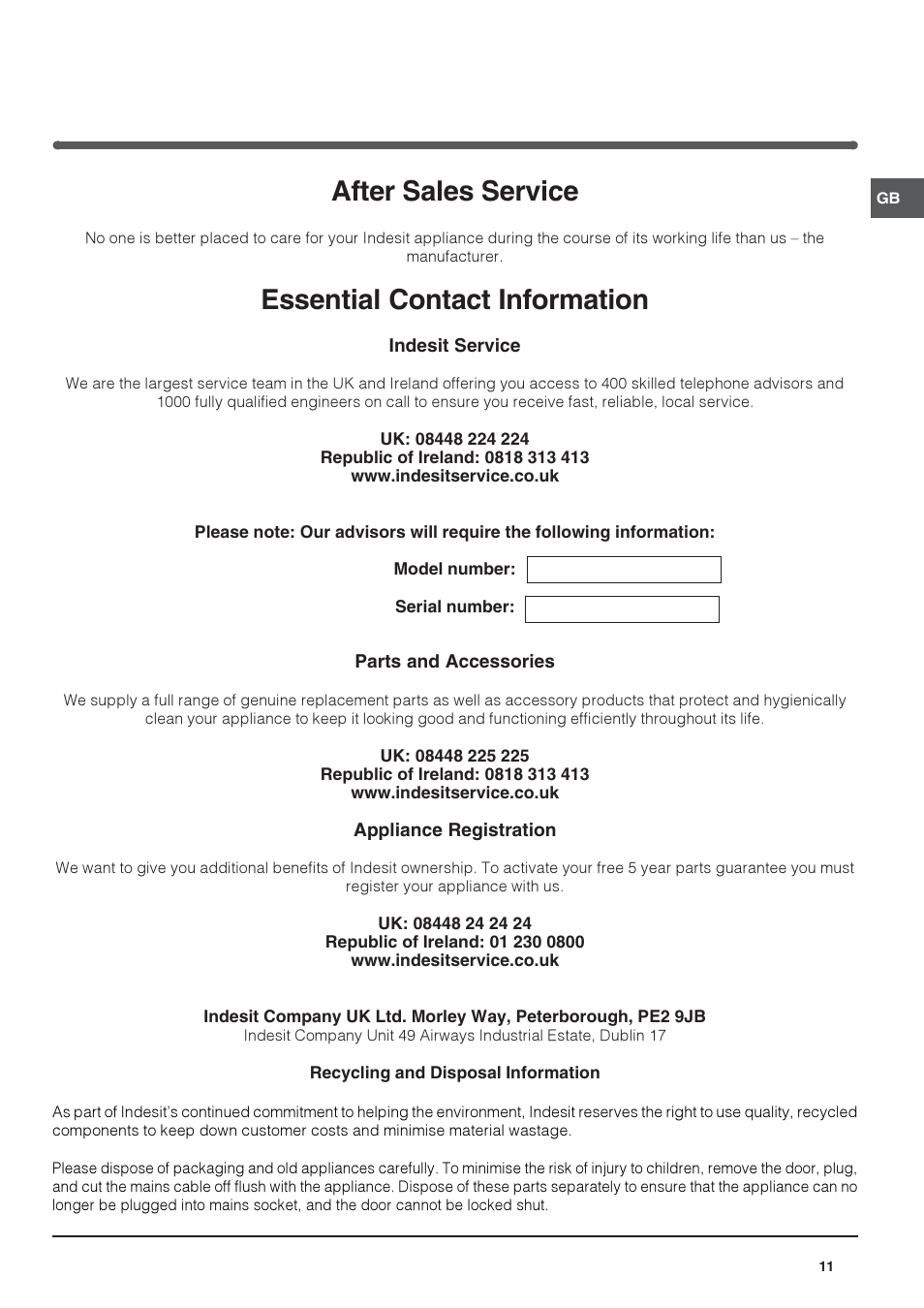 After sales service, Essential contact information | Indesit TLA1 User Manual | Page 11 / 12