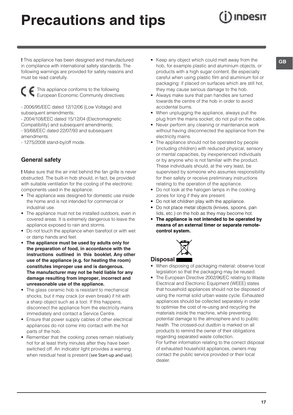 Precautions and tips | Indesit VRA640XS User Manual | Page 17 / 84