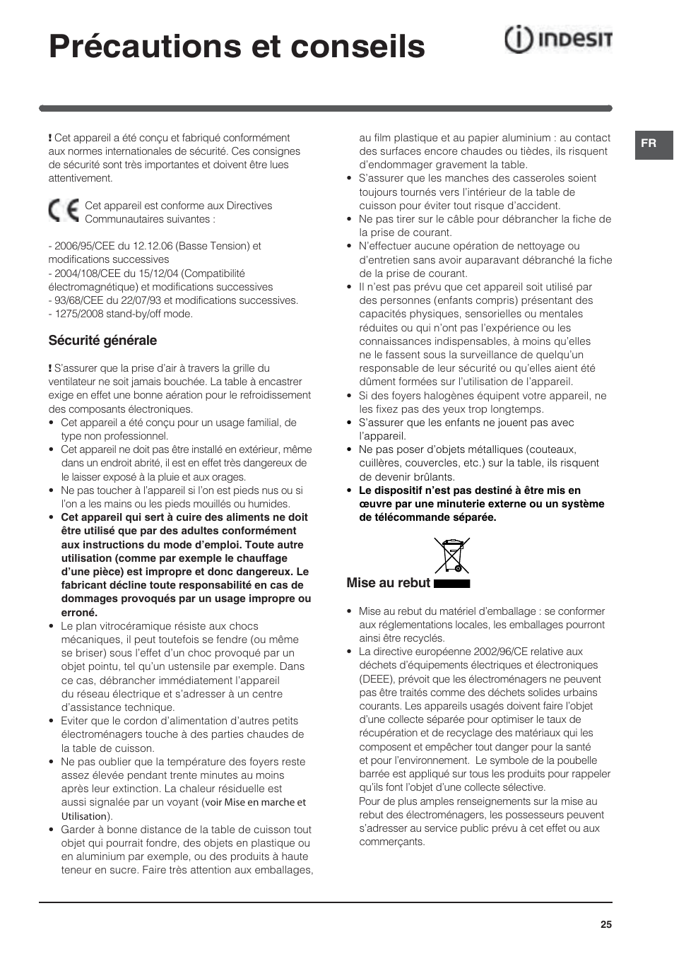 Précautions et conseils | Indesit VRA640XS User Manual | Page 25 / 84
