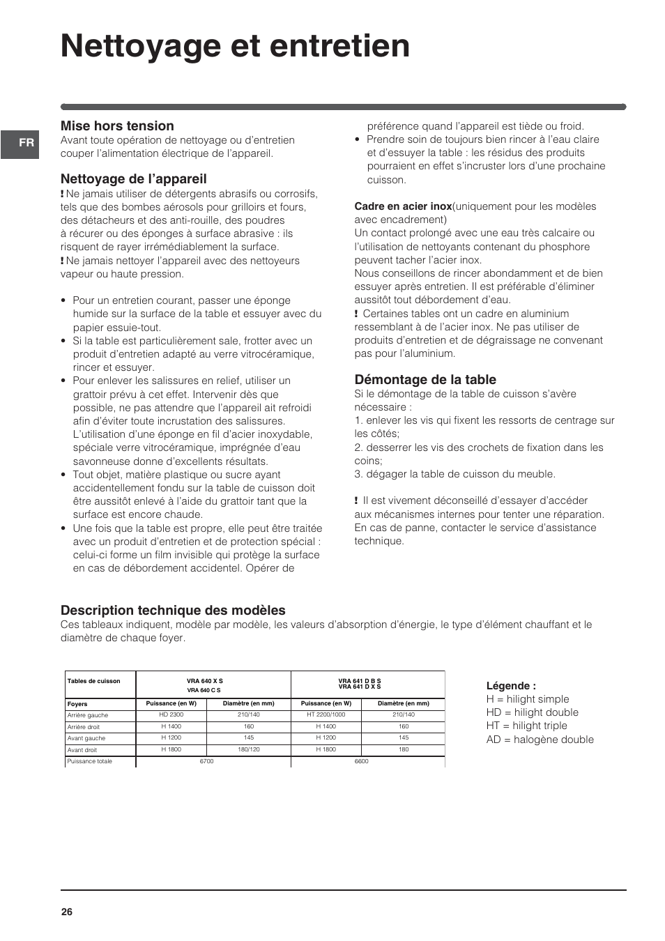 Nettoyage et entretien, Mise hors tension, Nettoyage de l’appareil | Démontage de la table, Description technique des modèles | Indesit VRA640XS User Manual | Page 26 / 84