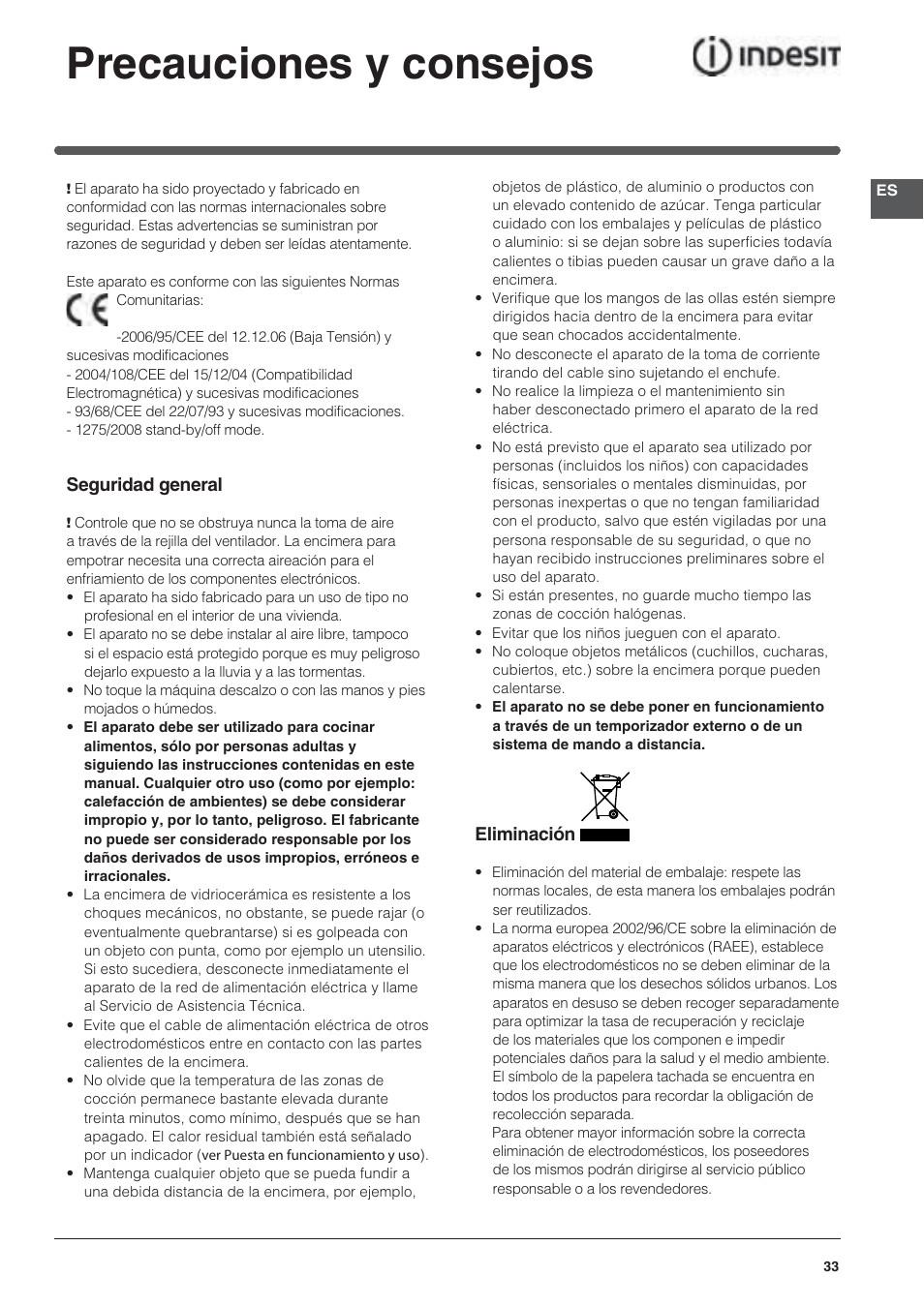 Precauciones y consejos | Indesit VRA640XS User Manual | Page 33 / 84