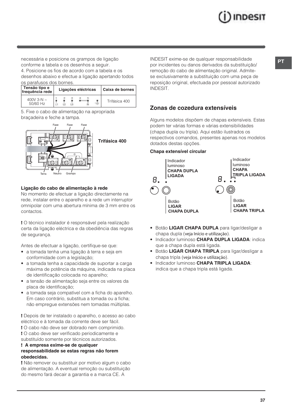 Zonas de cozedura extensíveis | Indesit VRA640XS User Manual | Page 37 / 84