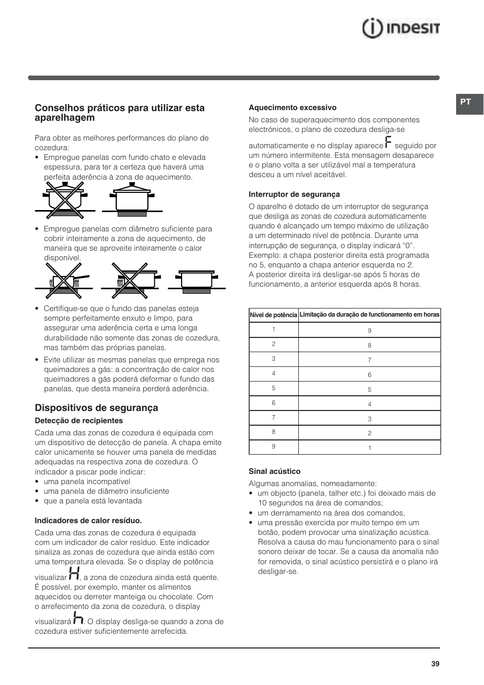 Conselhos práticos para utilizar esta aparelhagem, Dispositivos de segurança | Indesit VRA640XS User Manual | Page 39 / 84