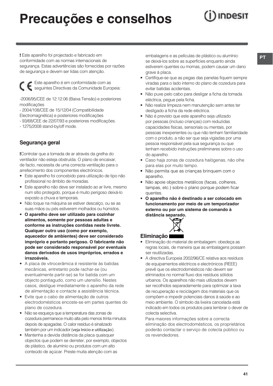 Precauções e conselhos | Indesit VRA640XS User Manual | Page 41 / 84