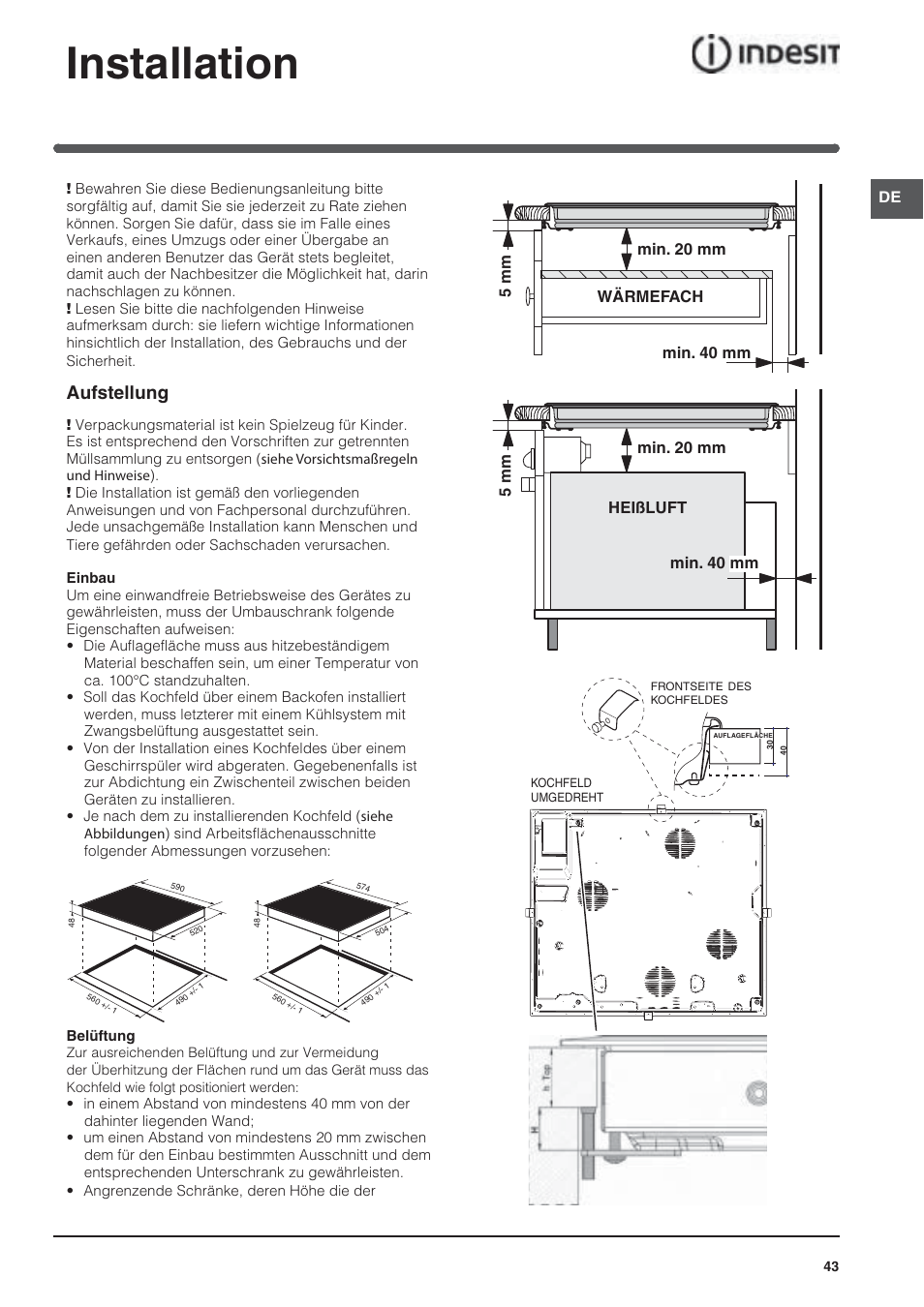 Installation, Aufstellung | Indesit VRA640XS User Manual | Page 43 / 84