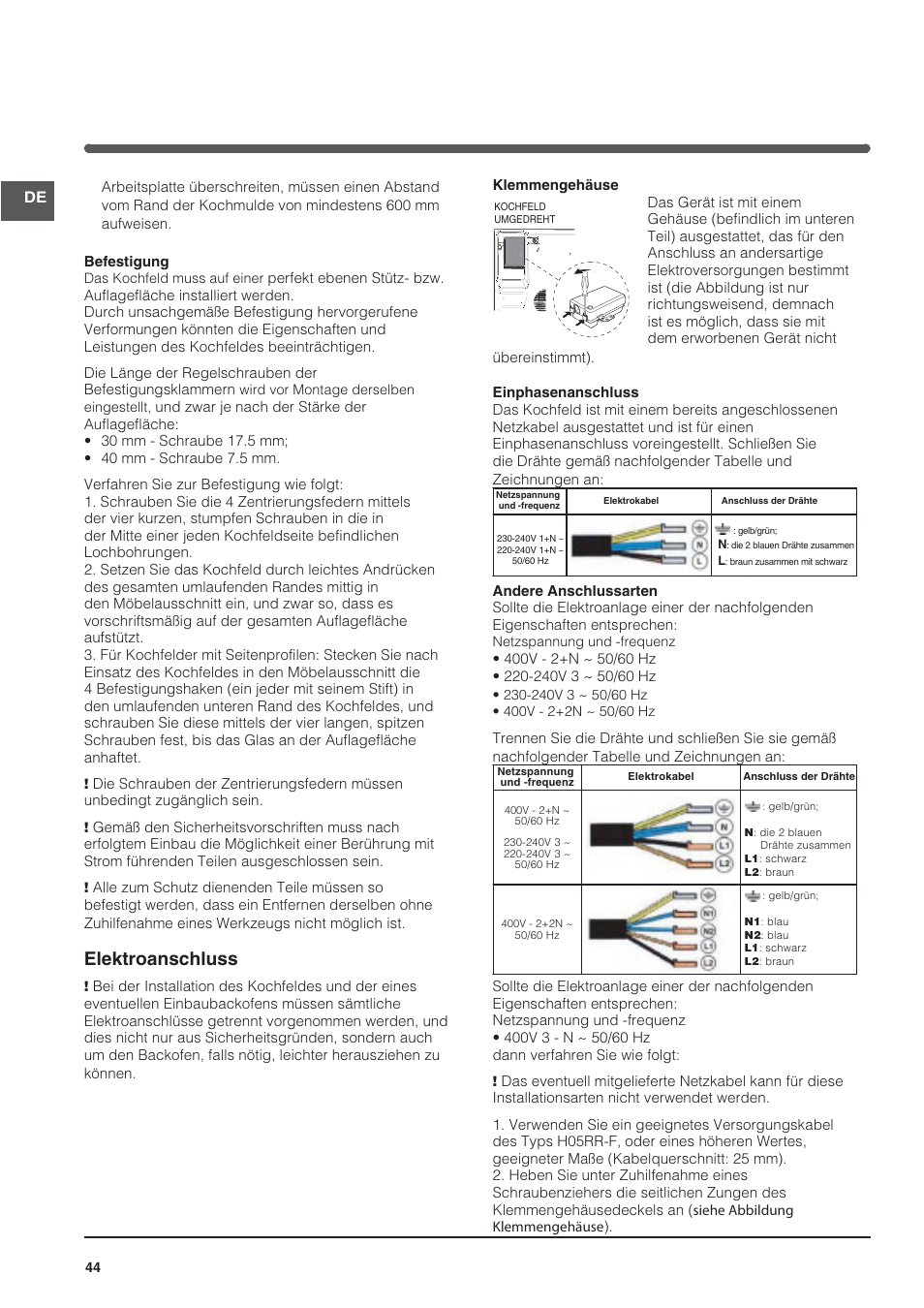 Elektroanschluss | Indesit VRA640XS User Manual | Page 44 / 84