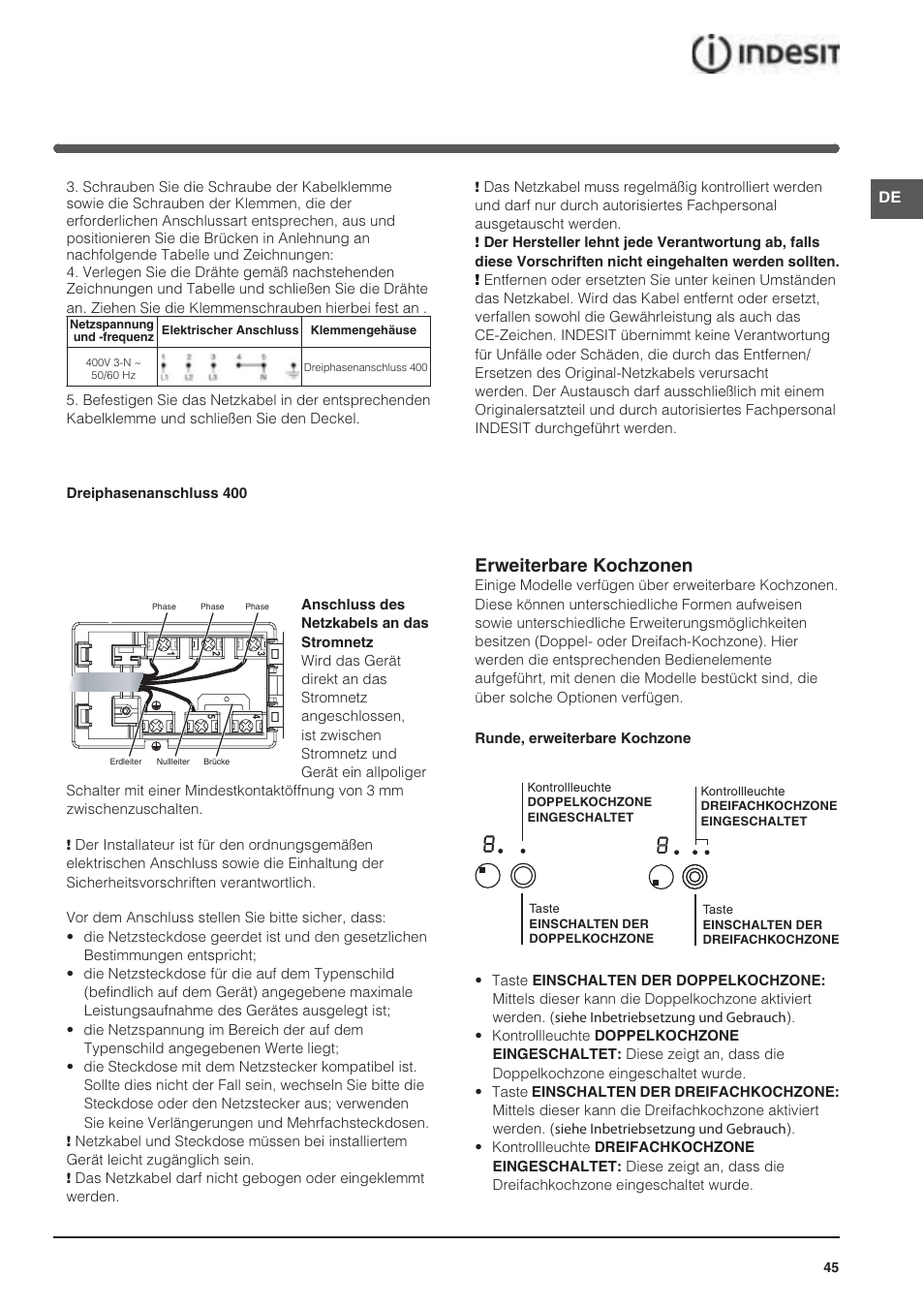 Erweiterbare kochzonen | Indesit VRA640XS User Manual | Page 45 / 84