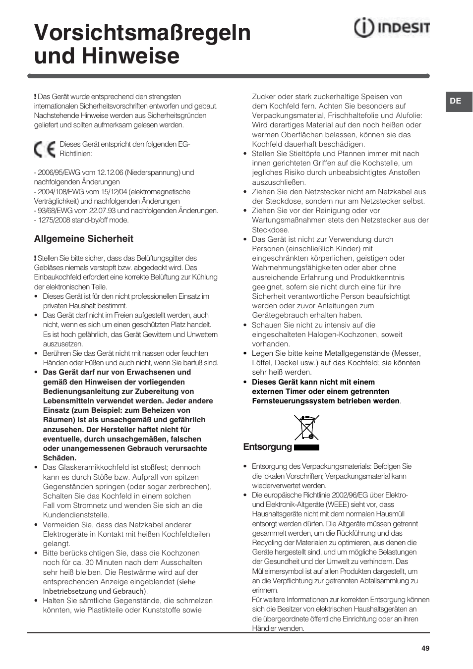 Vorsichtsmaßregeln und hinweise | Indesit VRA640XS User Manual | Page 49 / 84