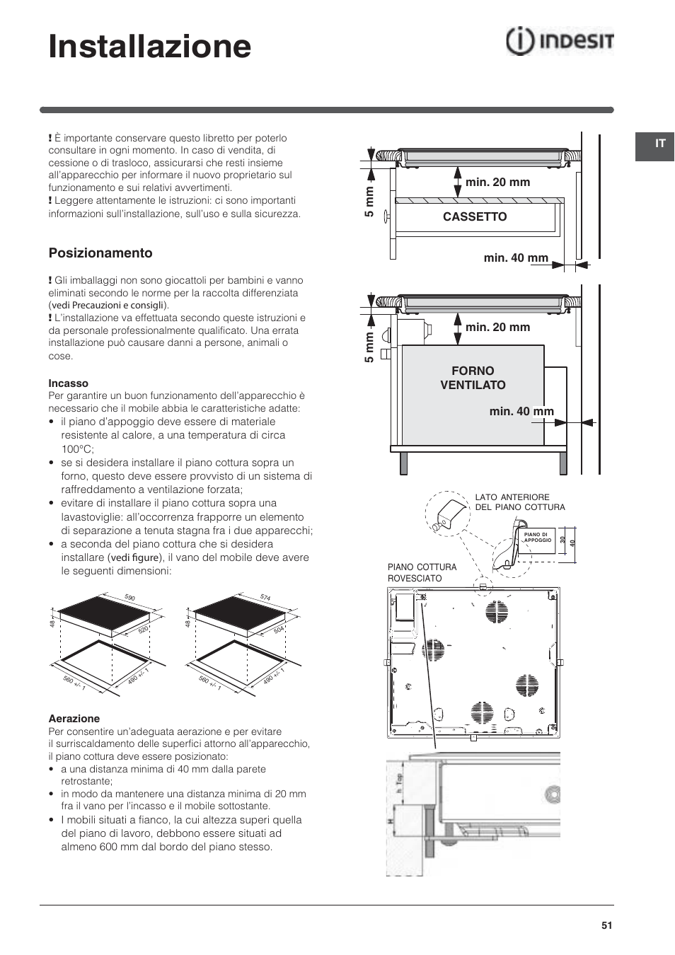 Installazione, Posizionamento | Indesit VRA640XS User Manual | Page 51 / 84