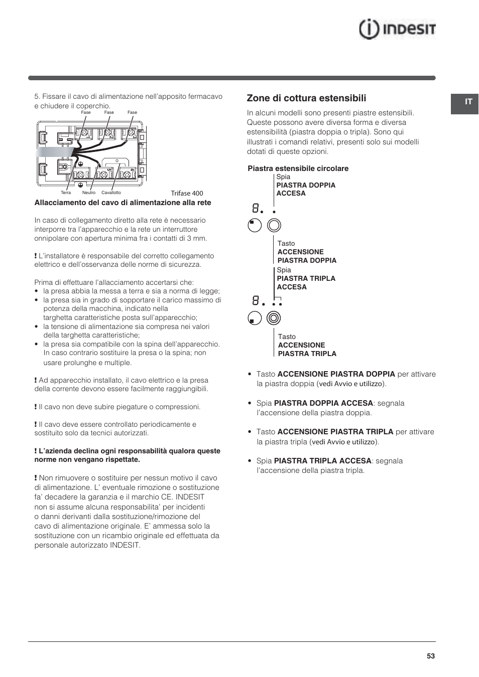Zone di cottura estensibili | Indesit VRA640XS User Manual | Page 53 / 84
