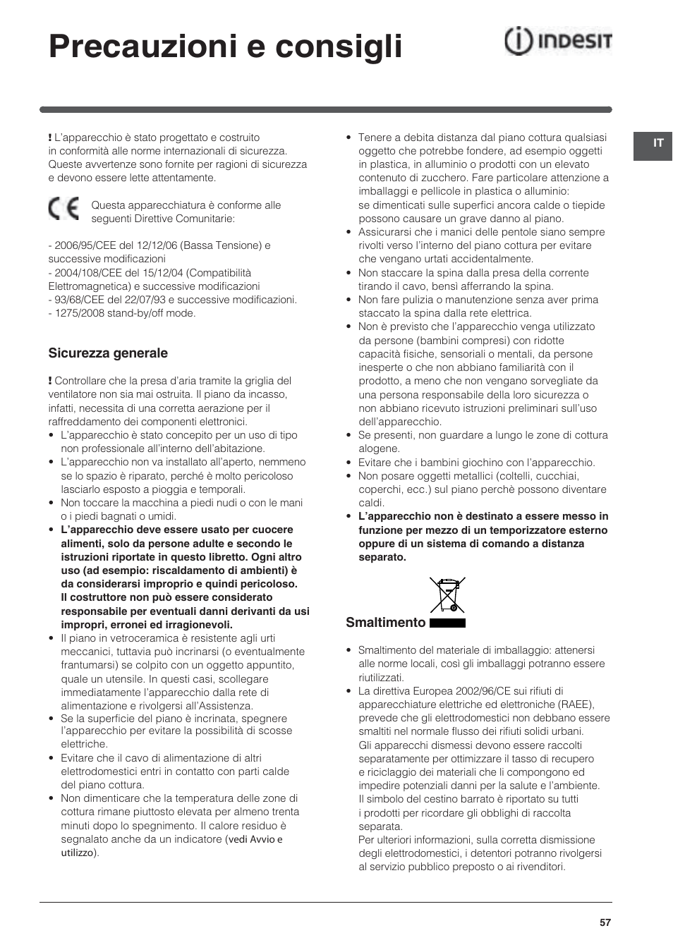 Precauzioni e consigli | Indesit VRA640XS User Manual | Page 57 / 84