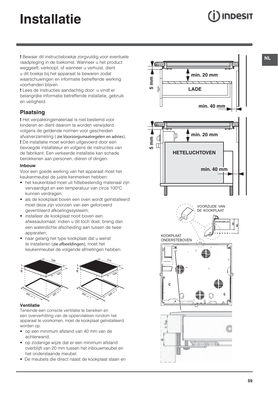 Installatie, Plaatsing | Indesit VRA640XS User Manual | Page 59 / 84