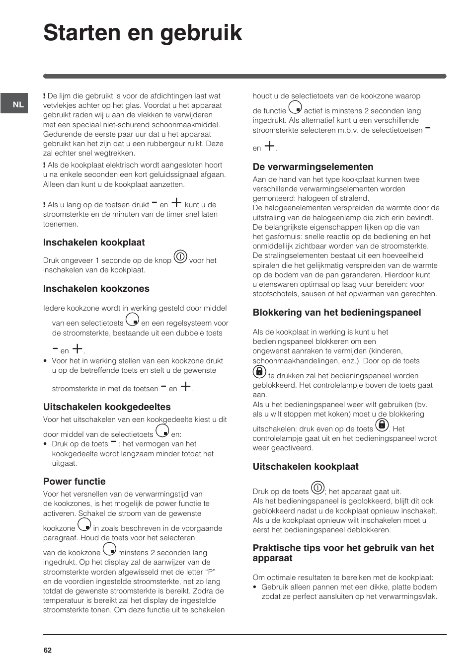 Starten en gebruik | Indesit VRA640XS User Manual | Page 62 / 84