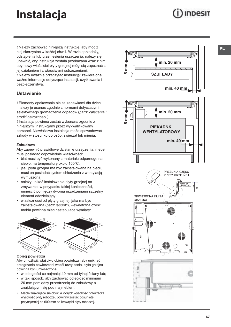 Instalacja, Ustawienie | Indesit VRA640XS User Manual | Page 67 / 84