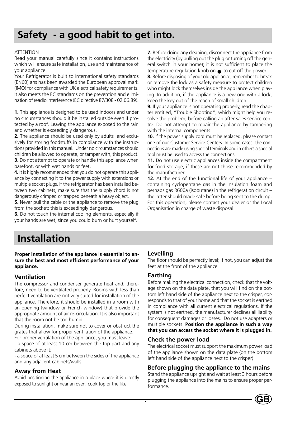 Installation, Safety - a good habit to get into | Indesit R24SUK User Manual | Page 3 / 12