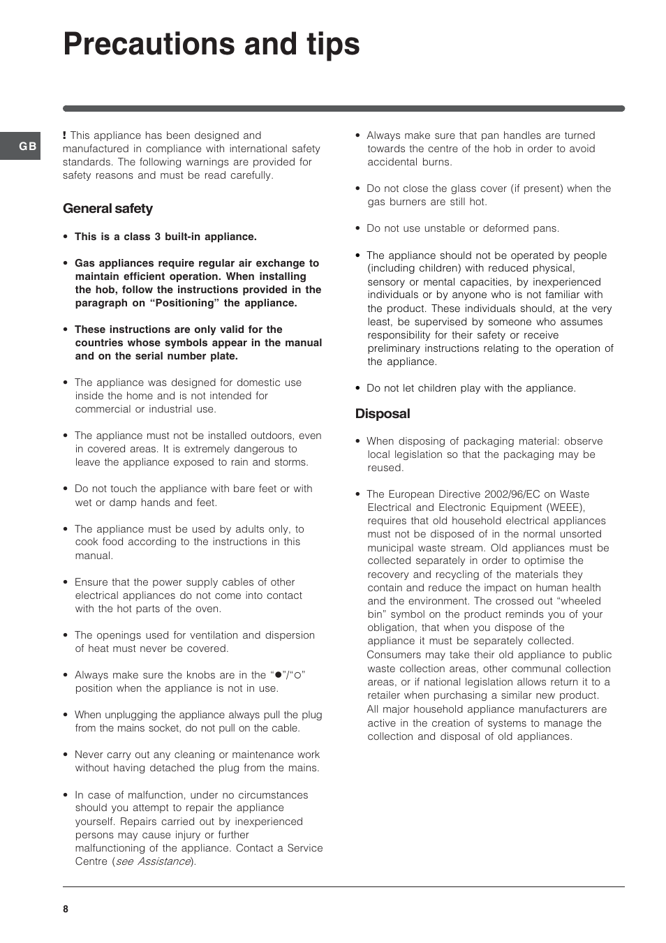 Precautions and tips, General safety, Disposal | Indesit IP641SCANUK User Manual | Page 8 / 12