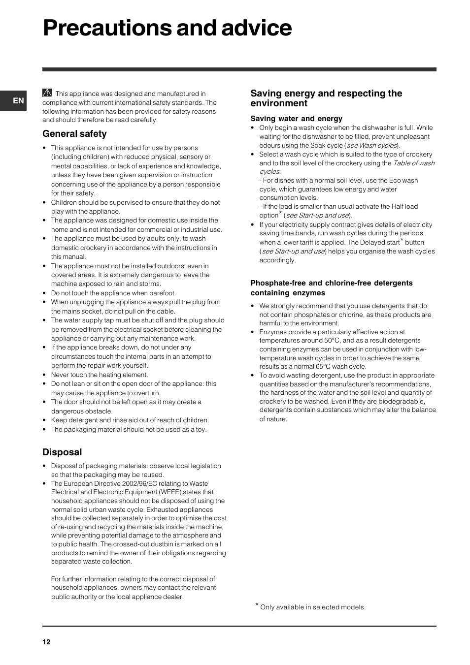 Precautions and advice, General safety, Disposal | Saving energy and respecting the environment | Indesit IDP147UK User Manual | Page 12 / 16