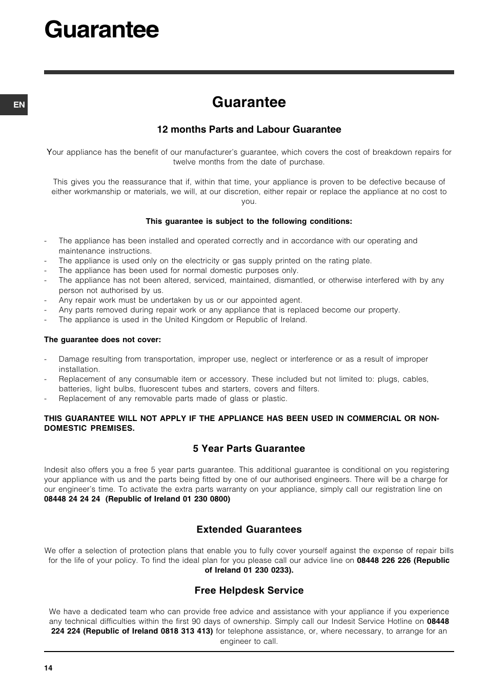 Guarantee | Indesit IDP147UK User Manual | Page 14 / 16