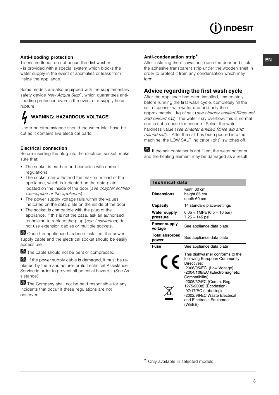 Advice regarding the first wash cycle | Indesit IDP147UK User Manual | Page 3 / 16