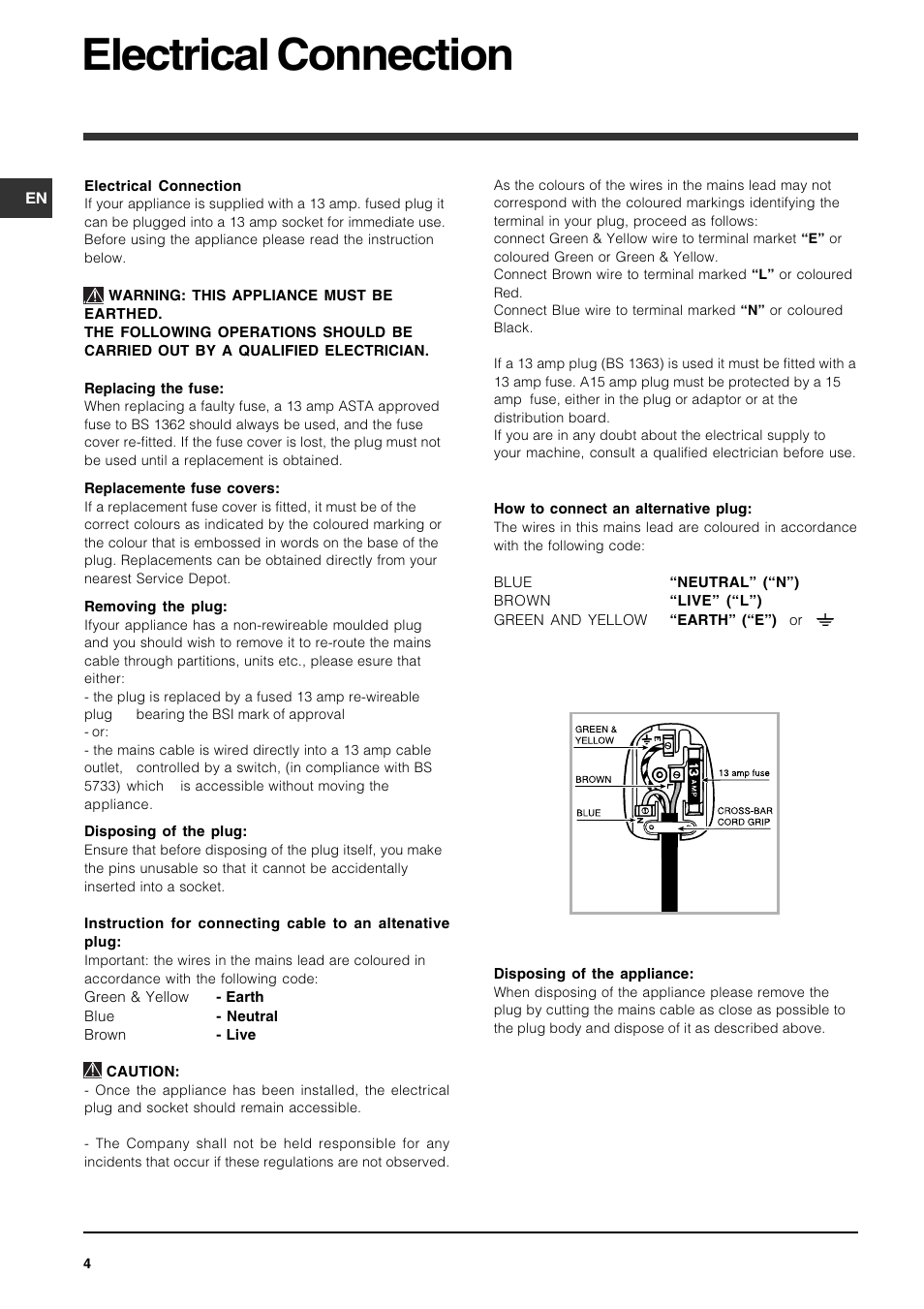 Electrical connection | Indesit IDP147UK User Manual | Page 4 / 16