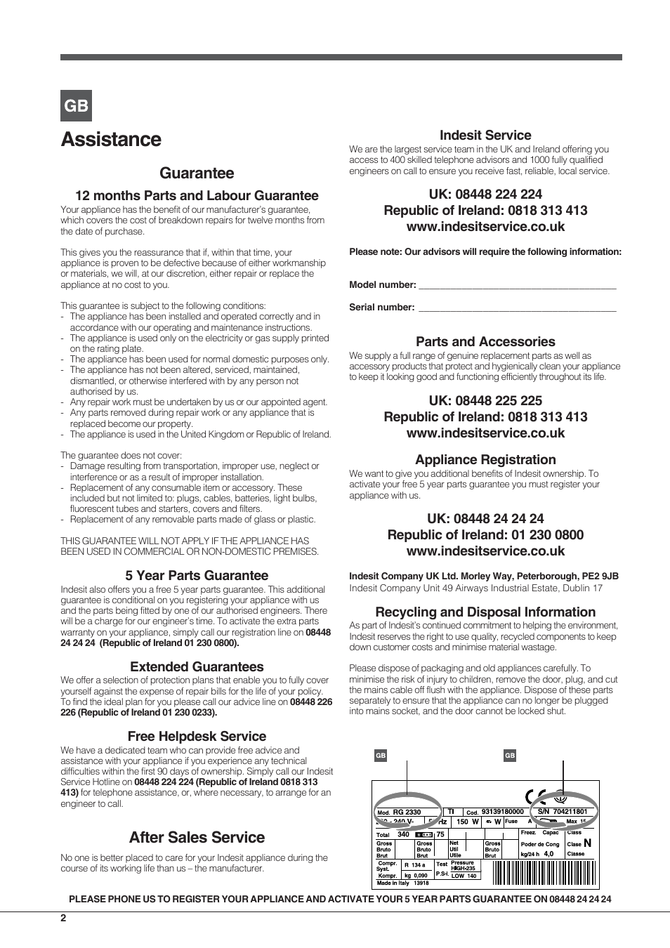 Assistance, Guarantee, After sales service | Indesit service, Parts and accessories, Recycling and disposal information, 12 months parts and labour guarantee, 5 year parts guarantee, Extended guarantees, Free helpdesk service | Indesit UIAA12UK User Manual | Page 2 / 8