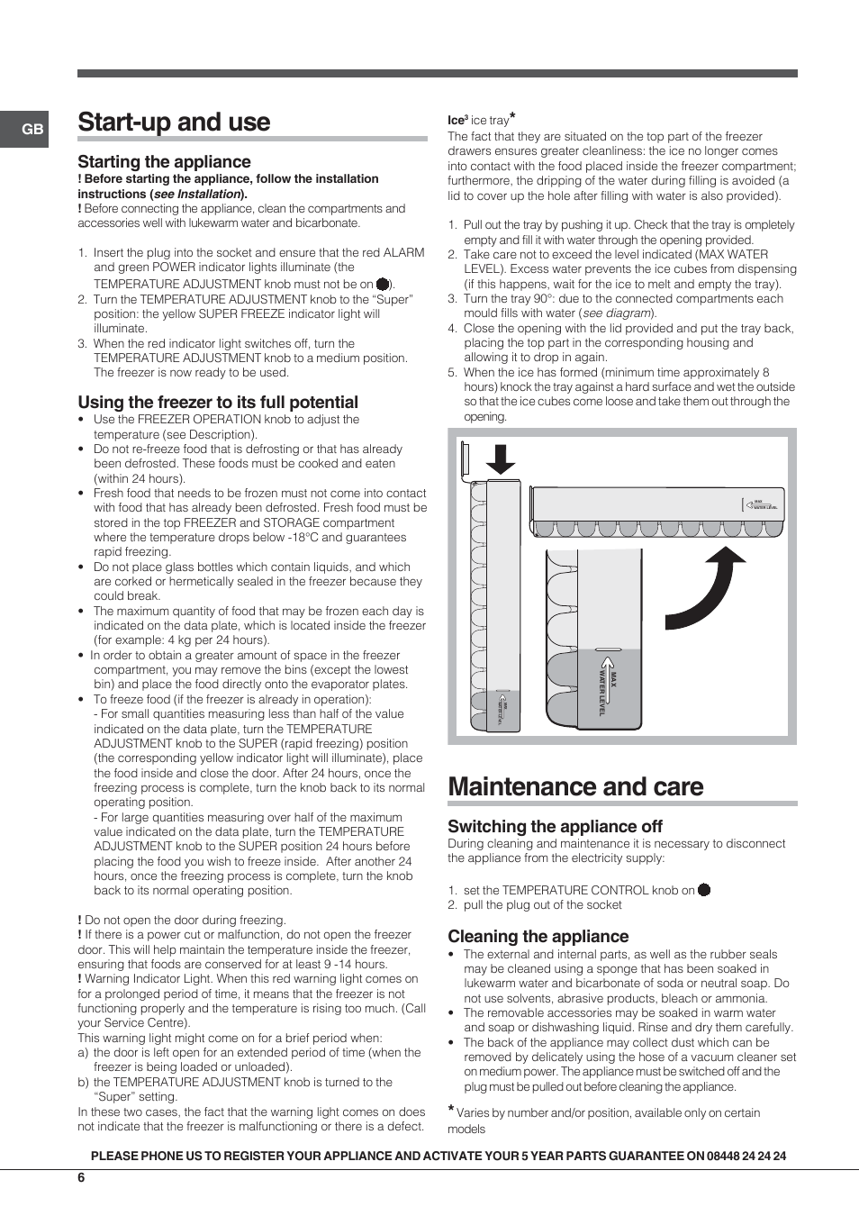 Start-up and use, Maintenance and care, Starting the appliance | Using the freezer to its full potential, Switching the appliance off, Cleaning the appliance | Indesit UIAA12UK User Manual | Page 6 / 8