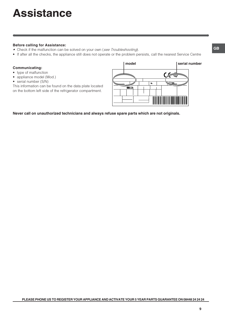 Assistance, Model serial number | Indesit RAA24SUK User Manual | Page 9 / 12