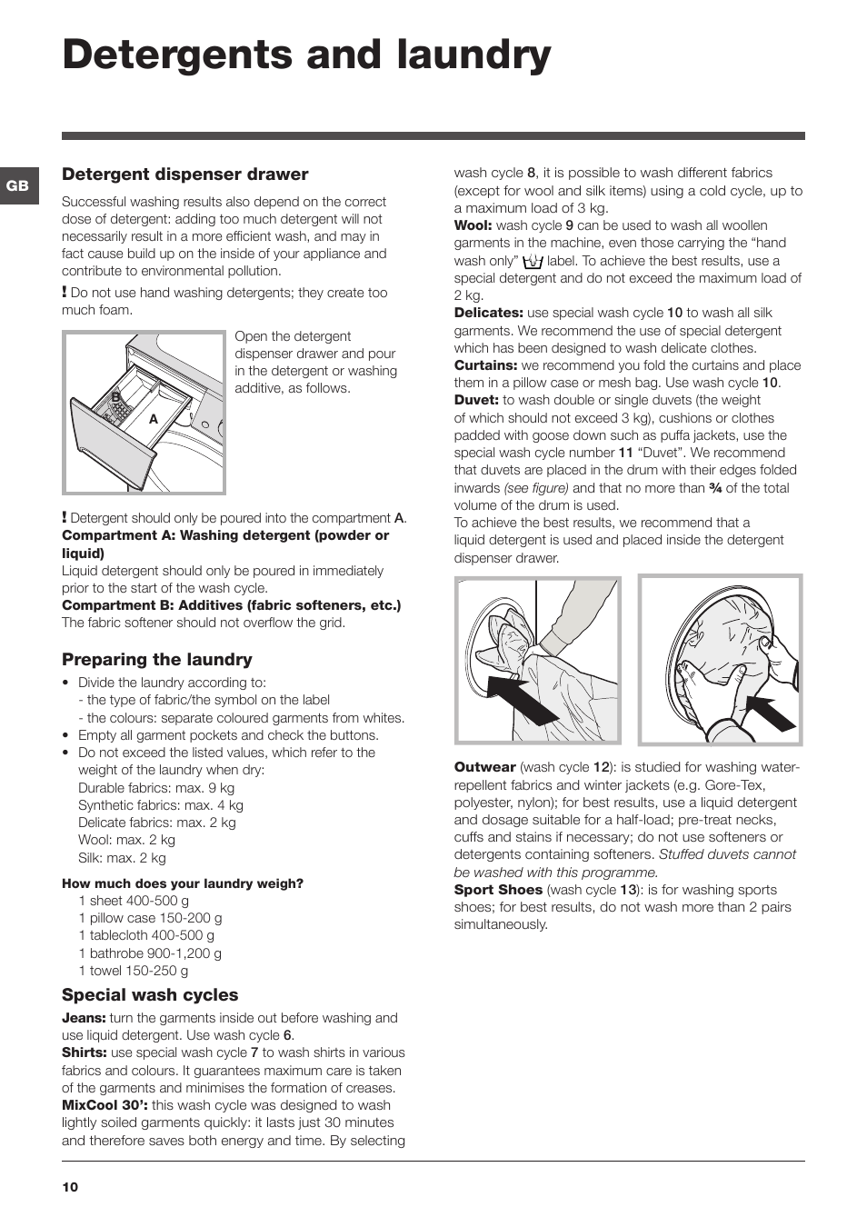 Detergents and laundry | Indesit PWE91672WUKE User Manual | Page 10 / 16