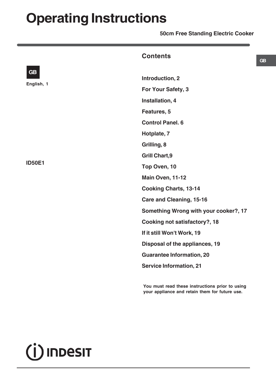 Indesit ID50E1W User Manual | 24 pages