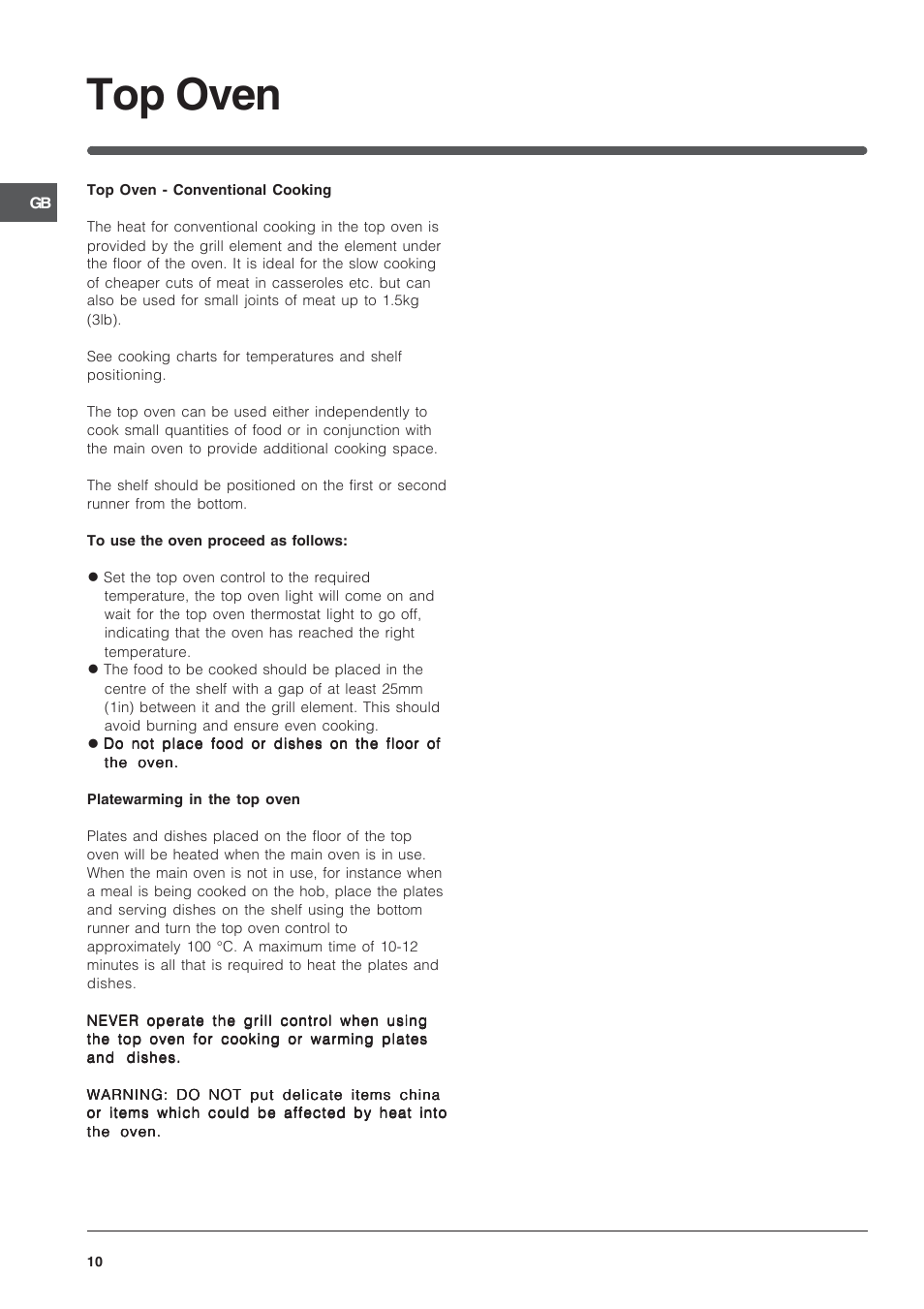 Top oven | Indesit ID50E1W User Manual | Page 10 / 24