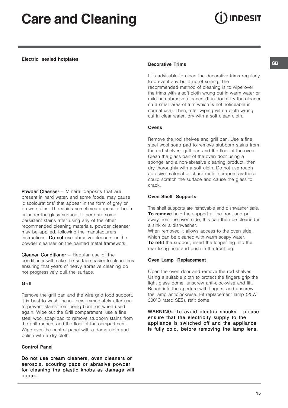 Care and cleaning | Indesit ID50E1W User Manual | Page 15 / 24