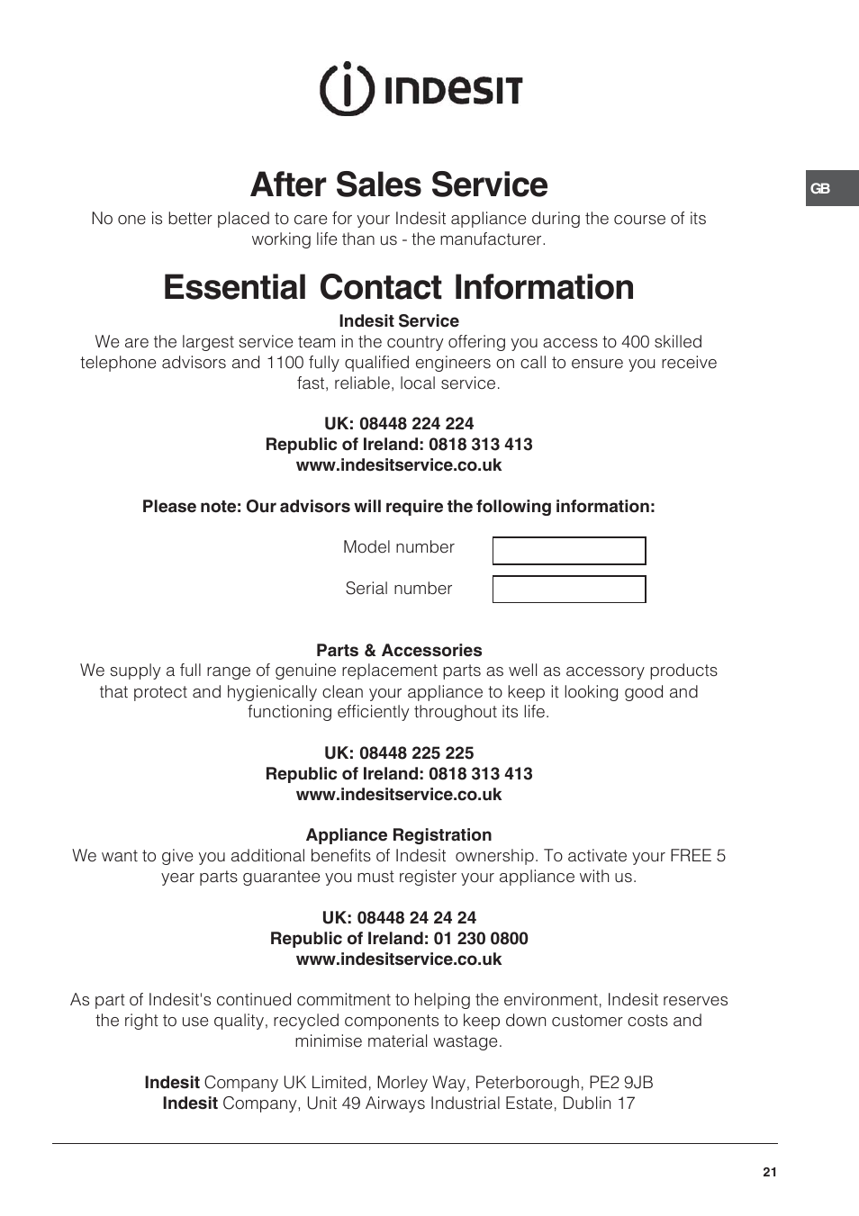 After sales service, Essential contact information | Indesit ID50E1W User Manual | Page 21 / 24