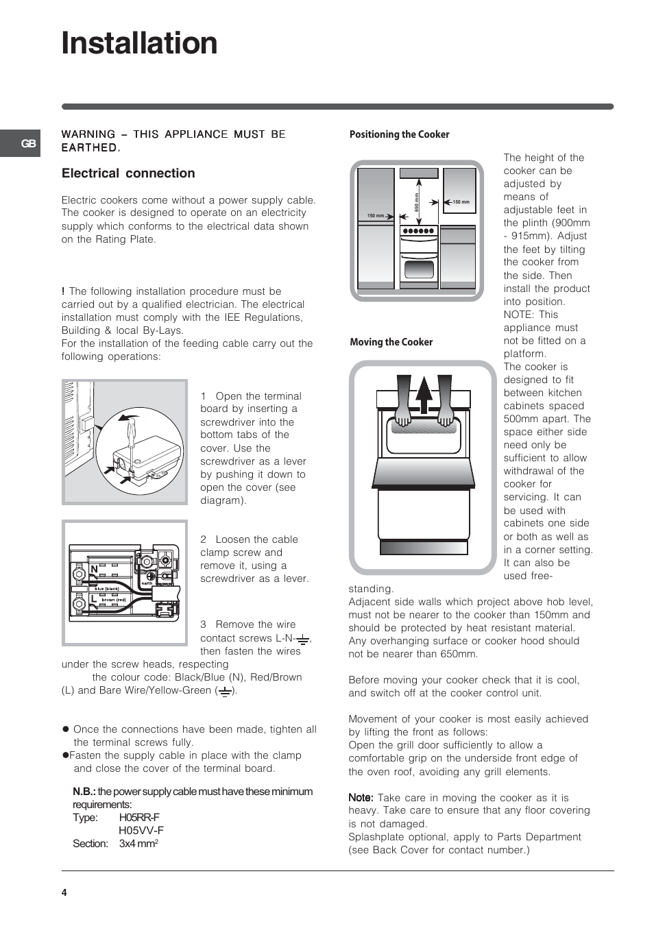 Installation, Electrical connection | Indesit ID50E1W User Manual | Page 4 / 24