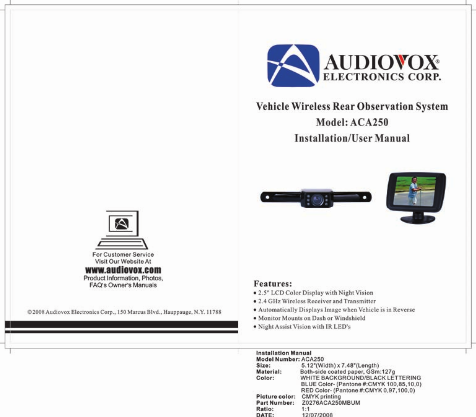 Audiovox ACA250 User Manual | 8 pages