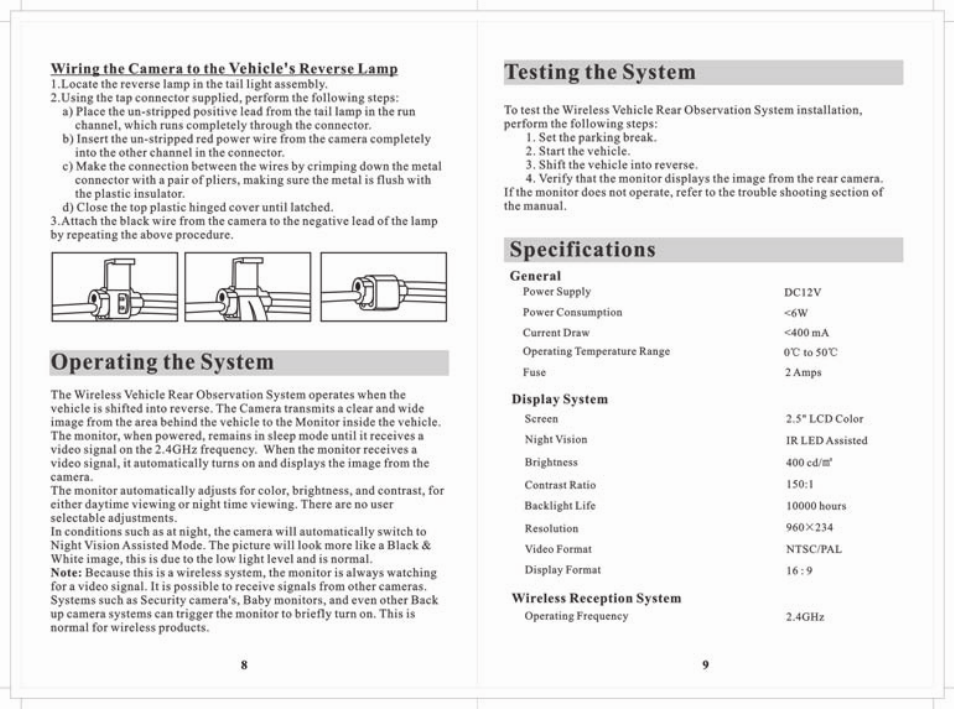 Testing the system, Operating the system, Isgecifications | Testing the system operating the system | Audiovox ACA250 User Manual | Page 6 / 8