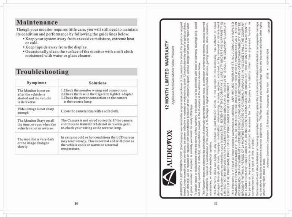 Maintenance, Troubleshooting | Audiovox ACA250 User Manual | Page 7 / 8
